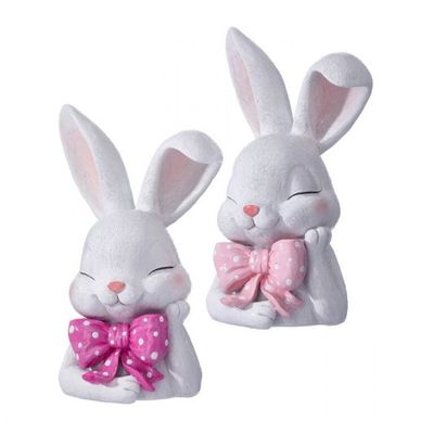 11" Resin Bunnies With Polka Dot Bow Ties Set Of 2 Easter Decor *SHIPS WITHIN 10 DAYS*