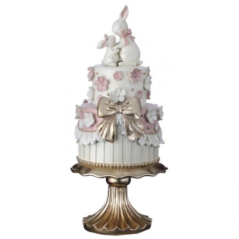 18" Resin Happy Easter Double Layer Cake With Bunnies Easter Decor NEW 2025