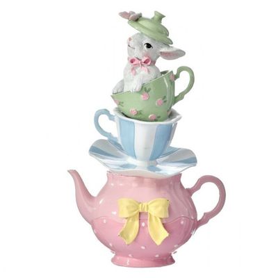 11" RESIN TEA CUP STACK WITH BUNNY Easter Decor NEW 2024
