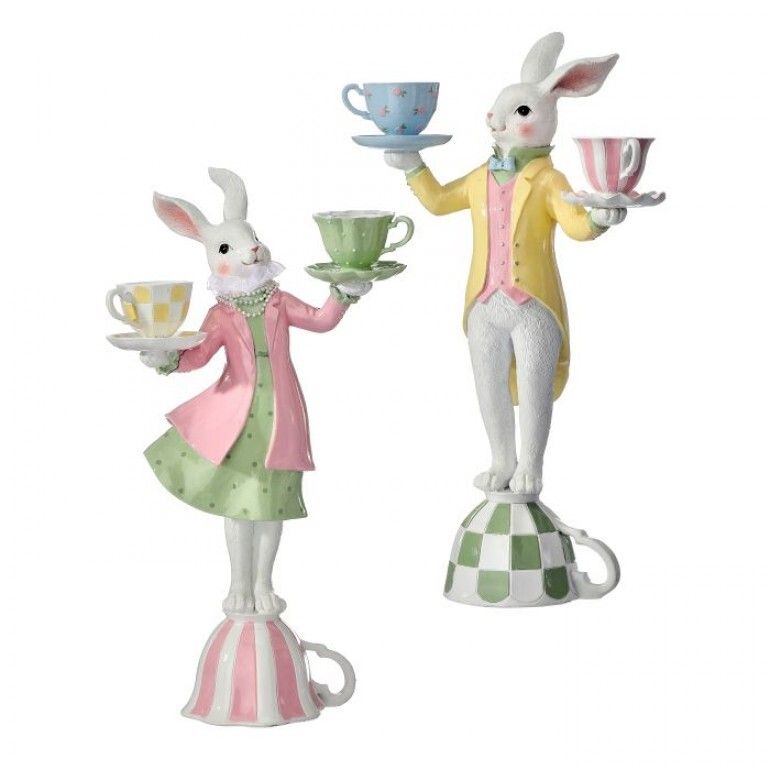 PRE-ORDER 16" RESIN BUNNY WITH TEA CUPS Set Of 2 Easter Decor *SHIPS 2/2027* NEW 2026