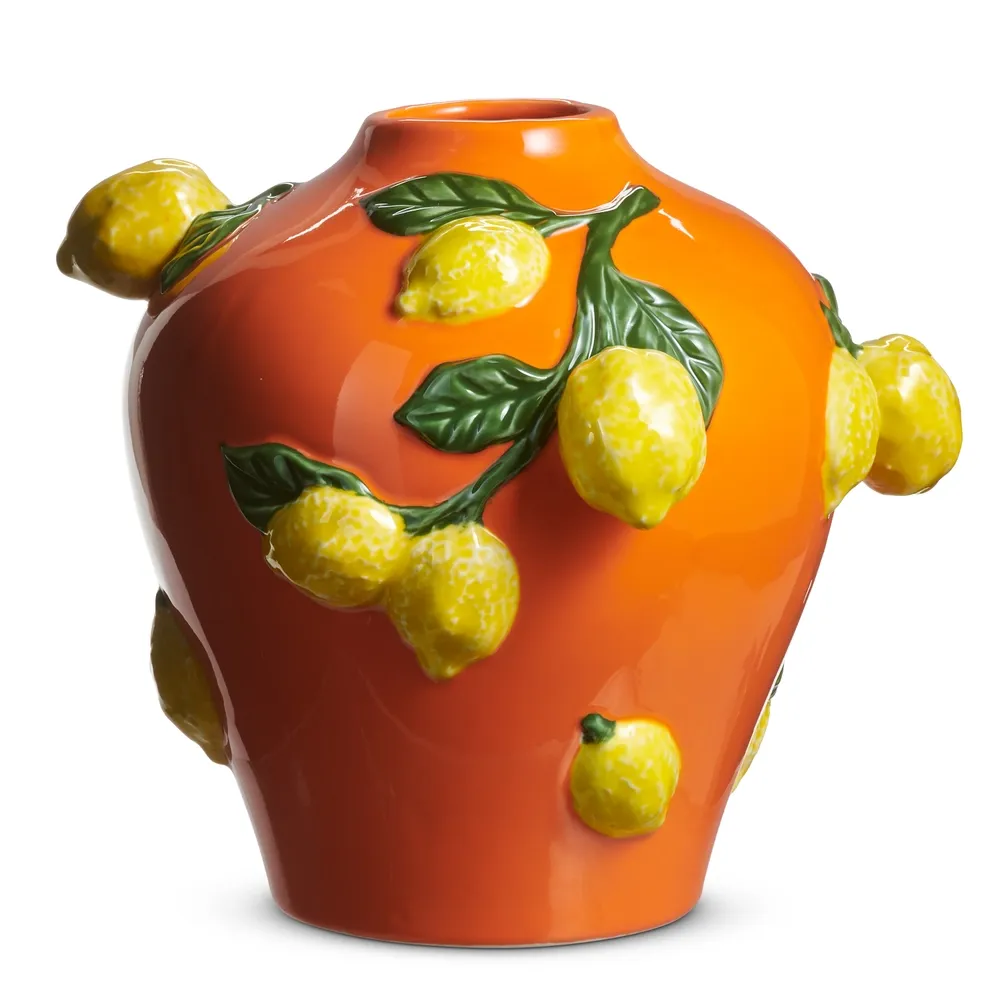 9.5" Orange Vase With Lemons Home Decor NEW 2026