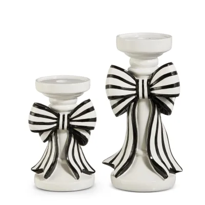 PRE-ORDER 10" Black and White Stripe Bow Candle Holders Christmas Decor *SHIPS 9/2026* NEW 2026