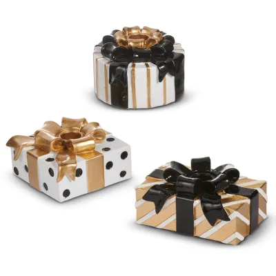 PRE-ORDER 5" Black and Gold Present Candle Holders Set Of 3 Christmas Decor *SHIPS 9/2026* NEW 2026
