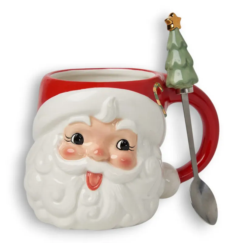 Vintage Retro Red Santa Head Mug With Spoon Set Of 2 Christmas Decor *SHIPS WITHIN 10 DAYS*