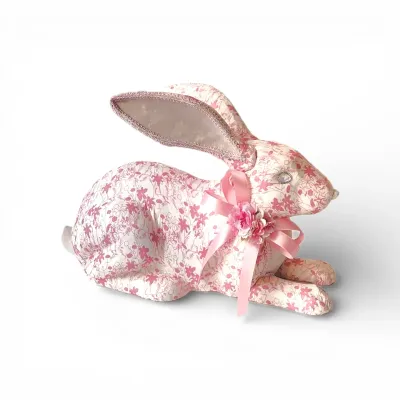 10" Pink Toile Bunny Laying Down Easter Decor *SHIPS WITHIN 10 DAYS* NEW 2026
