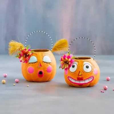 Bumpkin Betty &amp; Gossip Gourdy Bucket Set Of 2 Halloween Decor Glitterville *SHIPS WITHIN 10 DAYS* NEW 2026