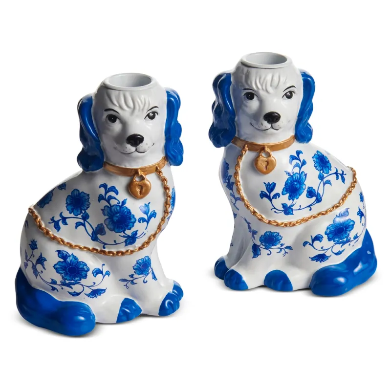 PRE-ORDER 5.5" Blue and White Floral Dog Candle Holders Summer Decor *SHIPS 2/2027* NEW 2027