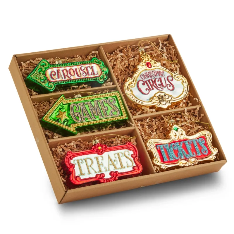 PRE-ORDER Box of Christmas Circus Marquee Carnival Ornament Set Of 5 Christmas Decor *SHIPS 9/2026* NEW 2026