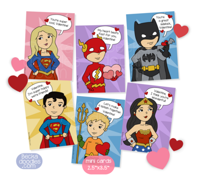DC Hero Inspired Mini Valentine's Day Card Packs - 2.5x3.5 inch cards