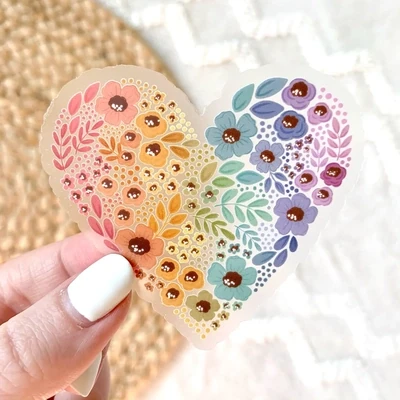 Clear Pride Rainbow Floral Heart Sticker