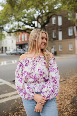 Ivory & Purple Printed Woven Top