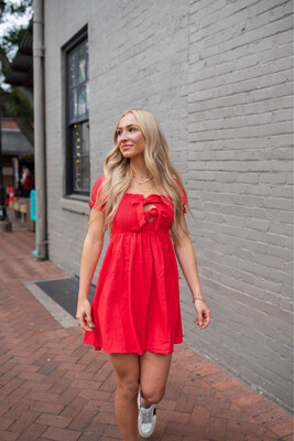 Red Puff Sleeve Double Bow Mini Dress