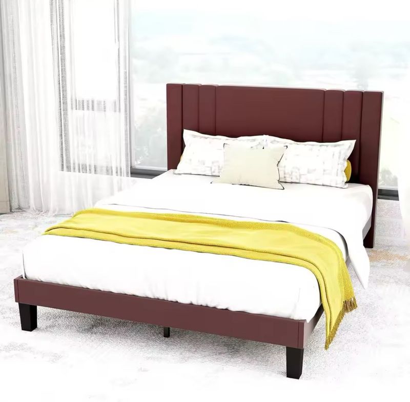 Queen Size Bed Frame, Linen Fabric Upholstered Platform with Headboard (Brown) - $99