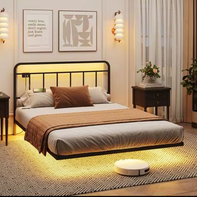 Floating Queen Size Bed Frame with LED Lights & Power Outlet Metal Platform Bed Frame with Headboard No Box Spring Needed - $99