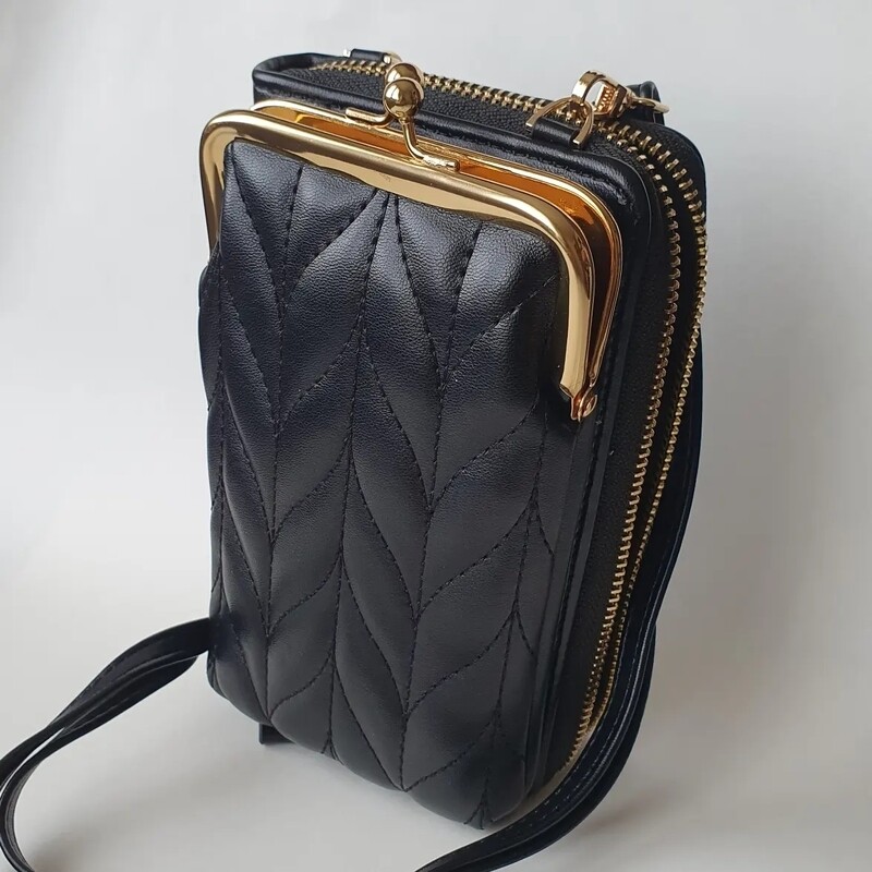Pochette smartphone Matelassé avec portefeuille noir et doré 