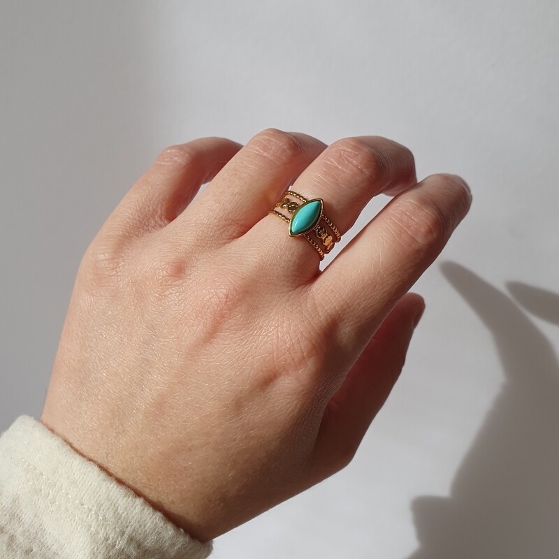 bague doré/pierre bleu turquoise 
