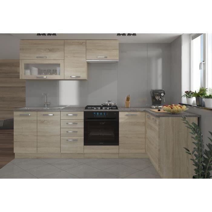 Cuisine Complète d&#39;Angle 240x165 cm en Décor Chêne Sonoma avec Plan de Travail Inclus LASSEN - Style et Fonctionnalité Réversibles