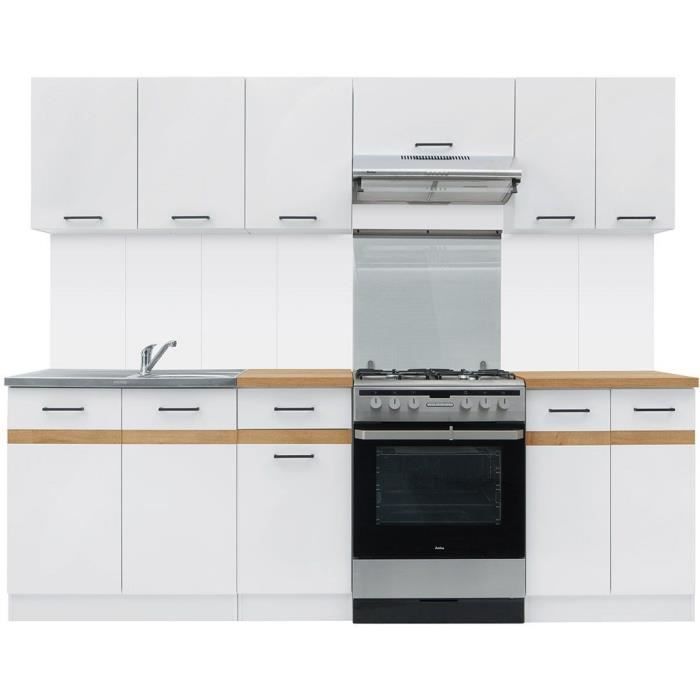 Cuisine Complète 240cm JUNONA - Blanc Brillant avec Plan de Travail Chêne Artisanal Doré