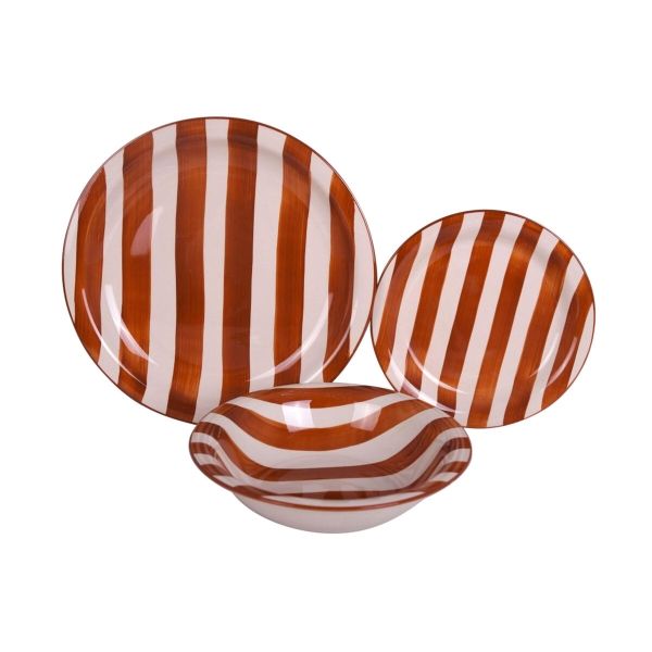Service d&#39;Assiettes en Grès Rouge à Rayures Méditerranéennes - 18 Pièces, 26,5 cm