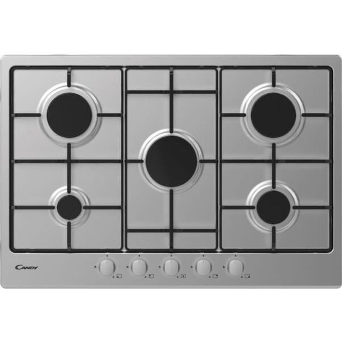 Plaque de cuisson à gaz CANDY CHW7X : 5 foyers puissants en acier inoxydable, 74,5 x 51 cm