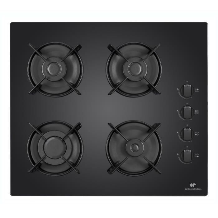 plaque de cuisson gaz CONTINENTAL EDISON : 4 foyers performants en verre noir trempé