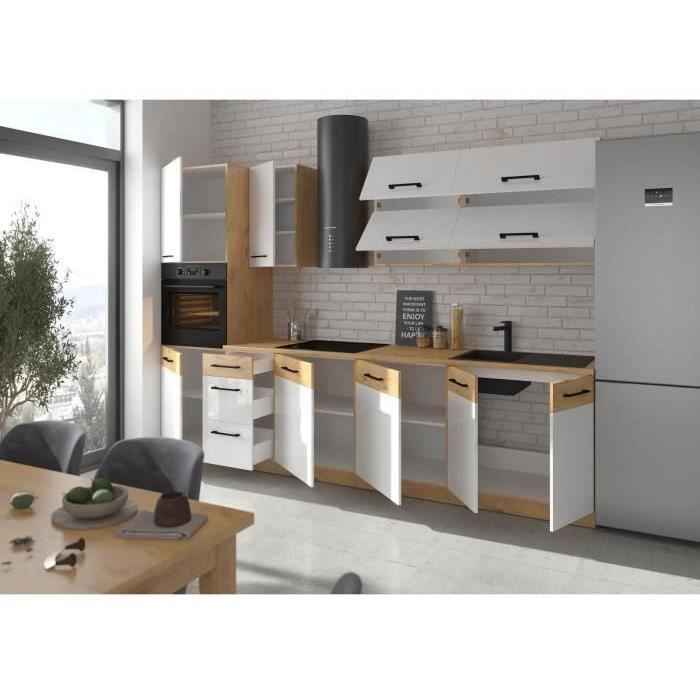 Cuisine complète ROCK 300 cm – Mélaminé Chêne Lancelot et Blanc Brillant – Sans Plan de Travail – Meubles de Rangement Modernes