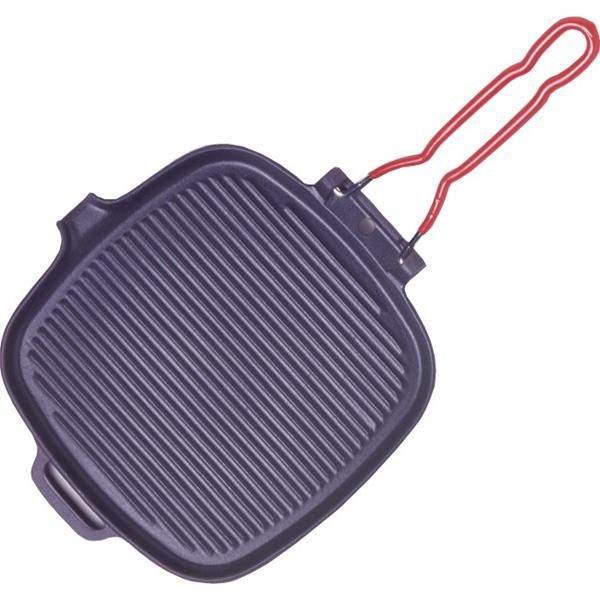 Grill Carré en Fonte 25 cm avec Manche Rabattable – Idéal pour Viandes, Légumes et Poissons – Compatible Tous Feux Dont Induction