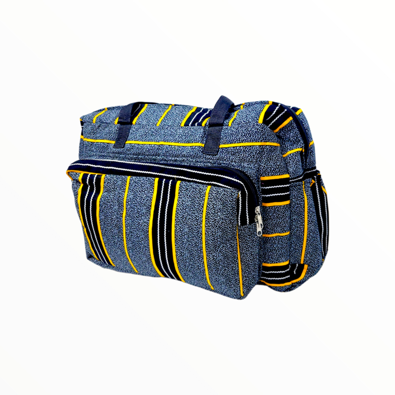 A stylish shoulder bag with a blue textured background, featuring vertical yellow and black stripes. It has a zipper pocket and dark handles.