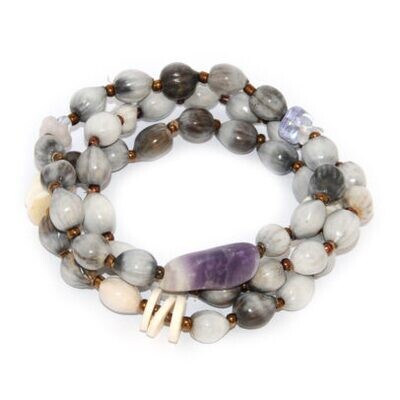 3 separate bracelets with Zulu seeds, tumbled amethyst, ostrich eggshell, and Czech glass beads