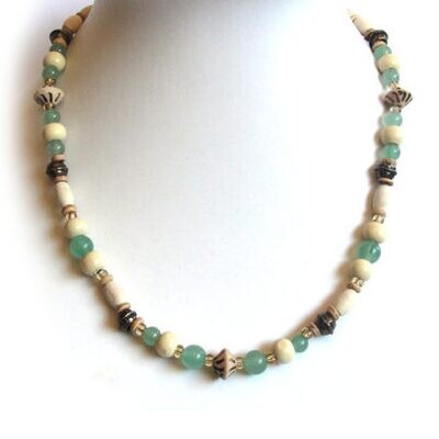 Green aventurine gemstones with burnt and cream wood necklace