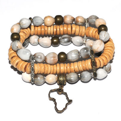 Grey seed, coconut wood &amp; antique brass bracelet