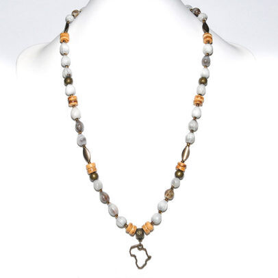 Africa charm with grey seeds, coconut wood &amp; antique brass necklace