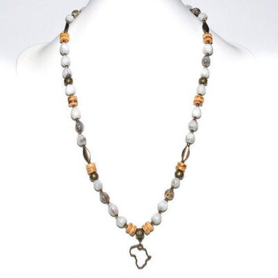 Africa charm with grey seeds, coconut wood & antique brass necklace