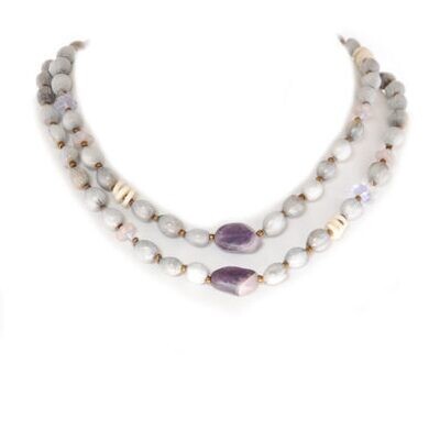 Zulu “teething beads” necklace with tumbled Amethyst stones and ostrich eggshell and Czech glass beads