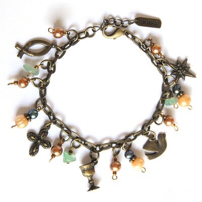 “Life of Jesus” bracelet. Copper, peacock, peach coloured beads, freshwater pearls with Christian symbols