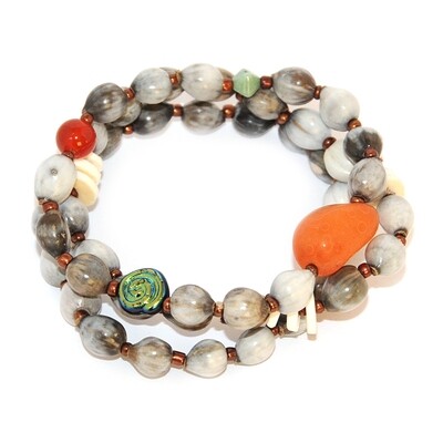3 separate bracelets with Zulu seeds, tumbled Carnelian, ostrich eggshell and Czech glass beads