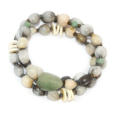 3 separate bracelets with Zulu seeds, tumbled Aventurine, ostrich eggshell, and Czech glass beads
