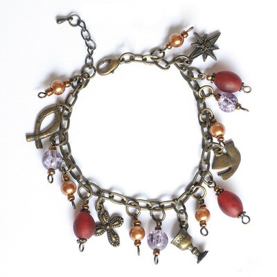“Life of Jesus” bracelet. Red, purple and copper coloured beads with Christian symbols