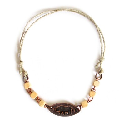 Adjustable hemp ankle bracelet, wooden beads with engraved antique copper