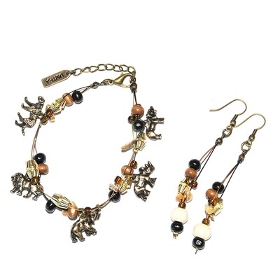 Animals Big 5 bracelet and earring set with fimo, wood and semi-precious chips