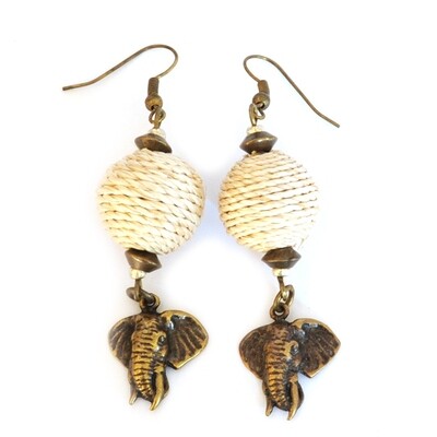 Brass elephant head earrings with sisal covered beads