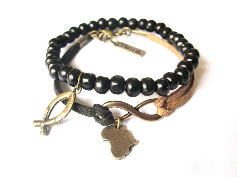Set of 2 bracelets with antique brass fish symbol, infinity symbol and Africa map