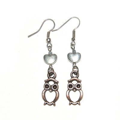 Small copper plated owls with silver coloured metal hearts earrings