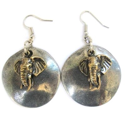 Elephants on antique silver colour disc earrings