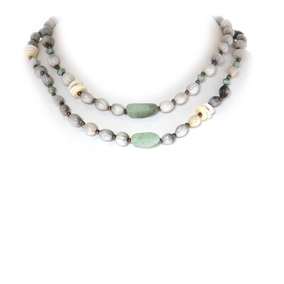 Zulu “teething beads” with tumbled Aventurine stones, ostrich eggshell and Czech glass necklace