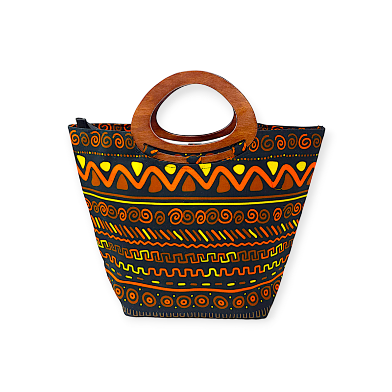 Tote bag with wooden handles features vibrant tribal patterns in orange, yellow, and brown on a black background, conveying a bold and artistic vibe.