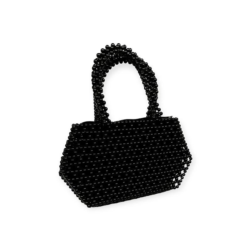 Black beaded handbag with a glossy finish. The geometric shape and intricate beadwork create an elegant and sophisticated look.
