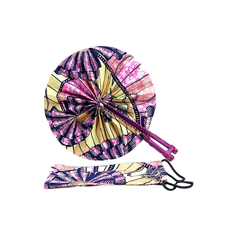 Colorful circular hand fan with intricate patterns in pink, yellow, and navy, featuring dual wooden handles and a vibrant, festive design.