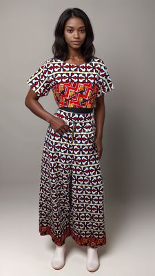 Woman standing against a white background, wearing a colorful geometric-patterned crop top and matching high-waisted pants. Her expression is neutral.