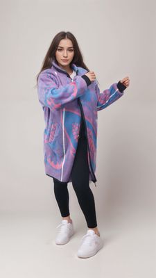 Young woman in a vibrant purple and blue patterned coat poses confidently. She wears black leggings and white sneakers, against a neutral backdrop.